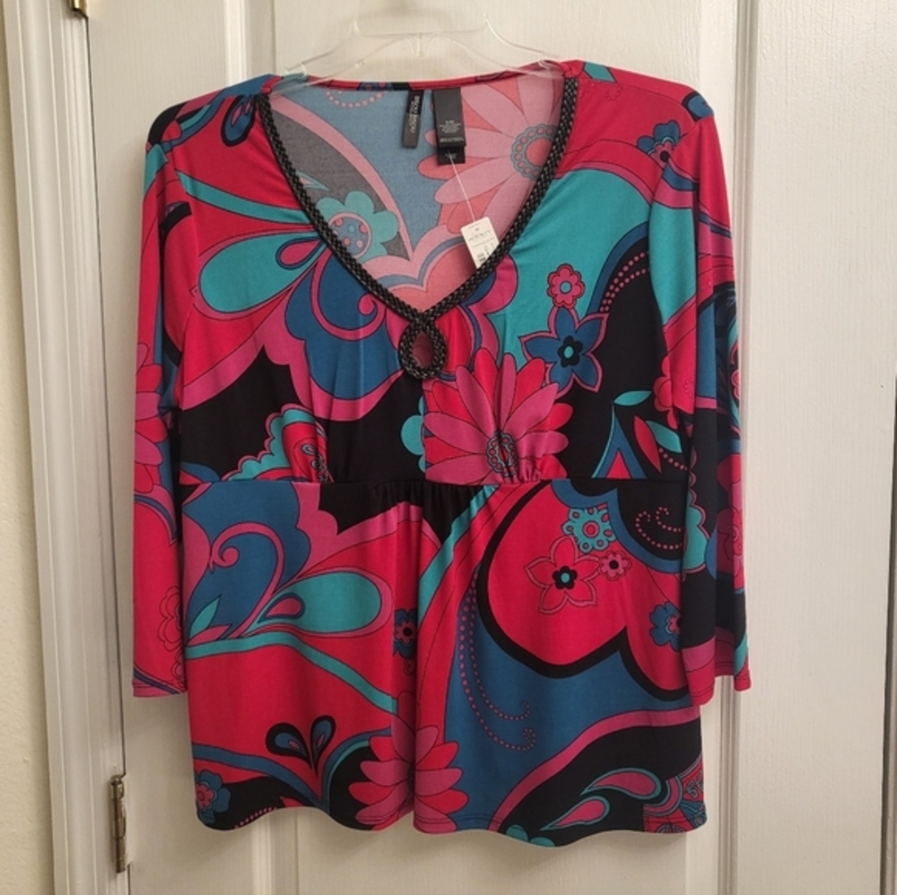 Bisou Bisou Pink and‎ Teal Floral Blouse New Tag